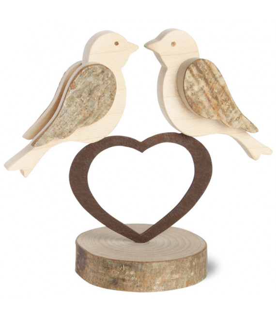 2 oiseaux en bois sur un coeur, 9 cm