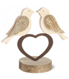 2 oiseaux en bois sur un coeur, 9 cm