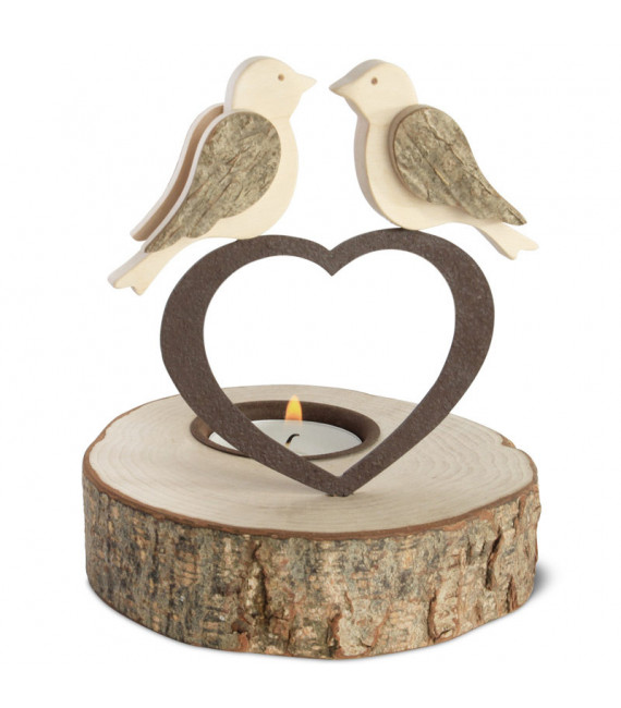 Bougeoir en bois 2 oiseaux sur un coeur, 13 cm
