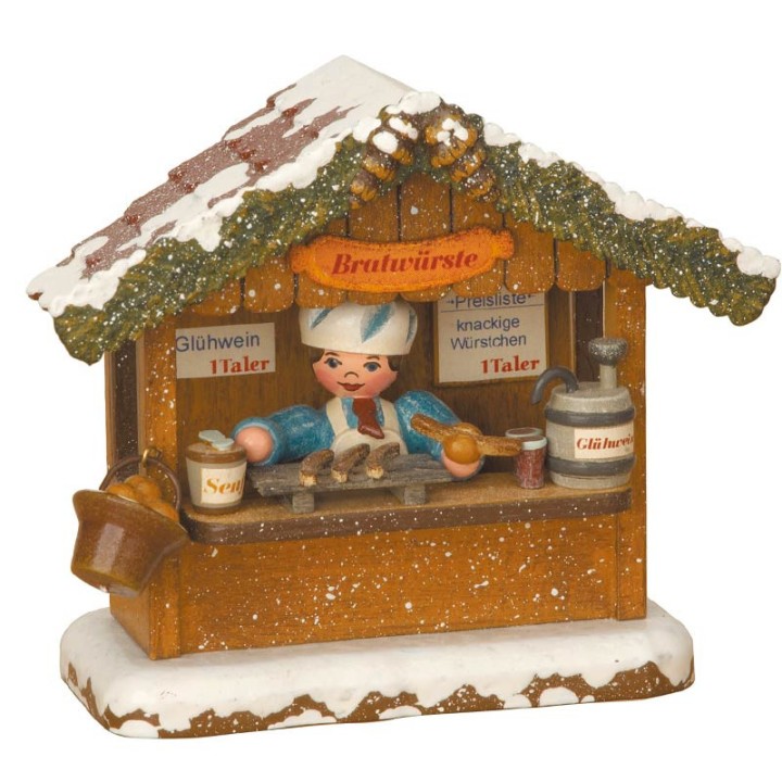 Village Noël miniature, chalet marché de Noël vendeur de saucisses
